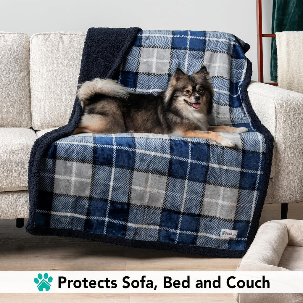 Dog Blanket, Plaid Sherpa Dog Blanket | Plush, Reversible, Warm Pet Blanket for Dog Bed, Couch, Sofa, Car (Navy, 60X80 Inches)