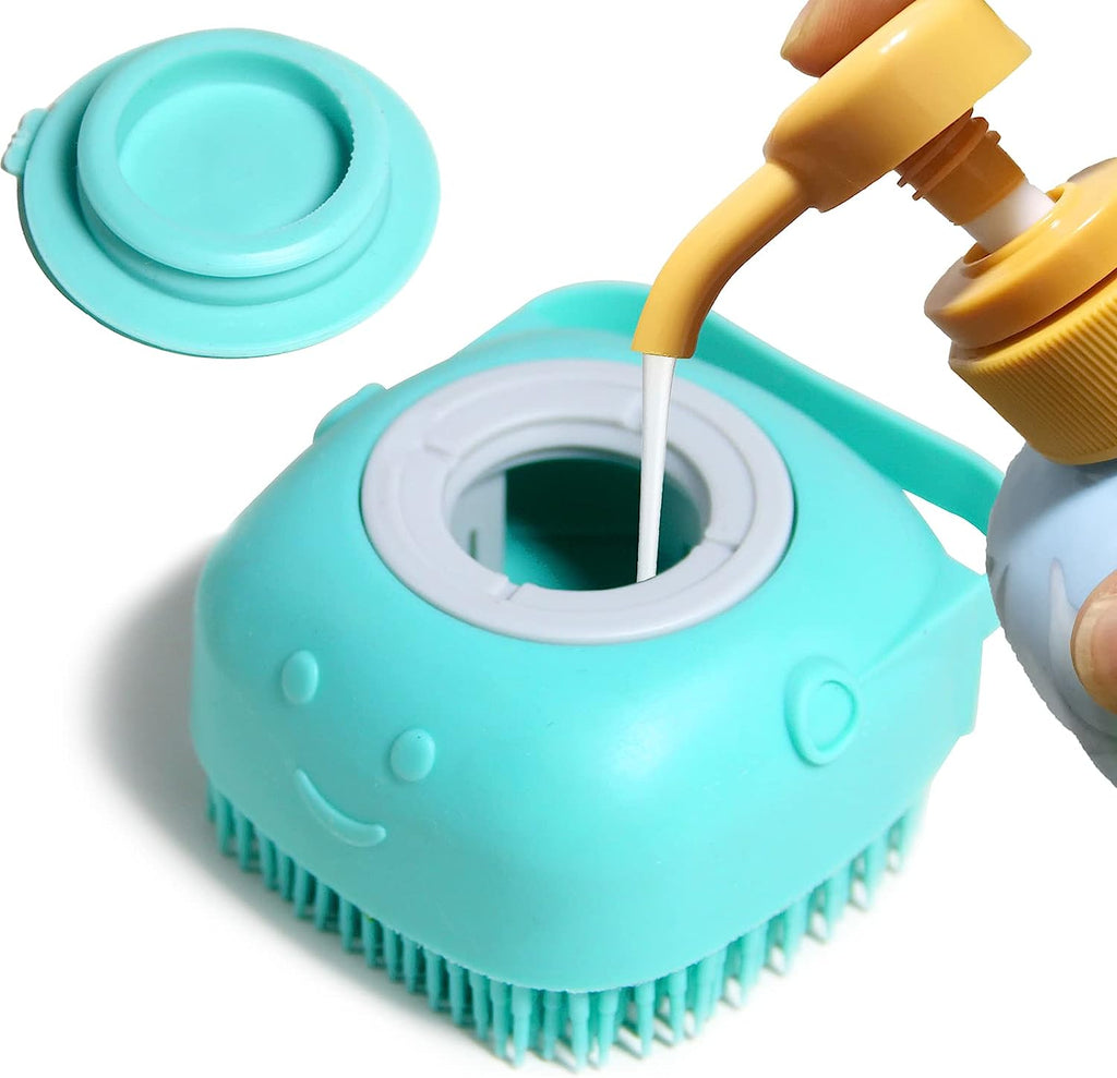 Dog Bath Brush, Pet Massage Brush Shampoo Dispenser, Soft Silicone Brush Rubber Bristle for Dogs and Cats Shower Grooming (Blue)
