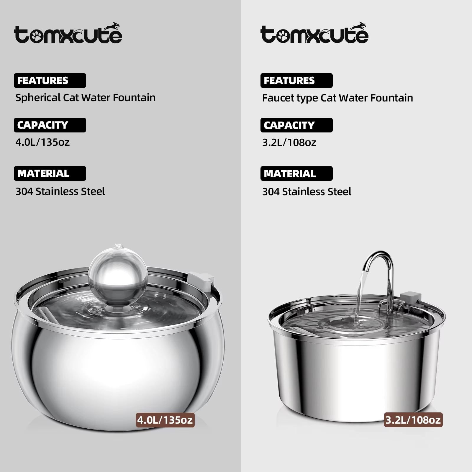 304 Stainless Steel Pet Water Fountain 4L/135 Oz with Faucet Silent Filter Automatic Dog Water Fountain Live Water Circulation