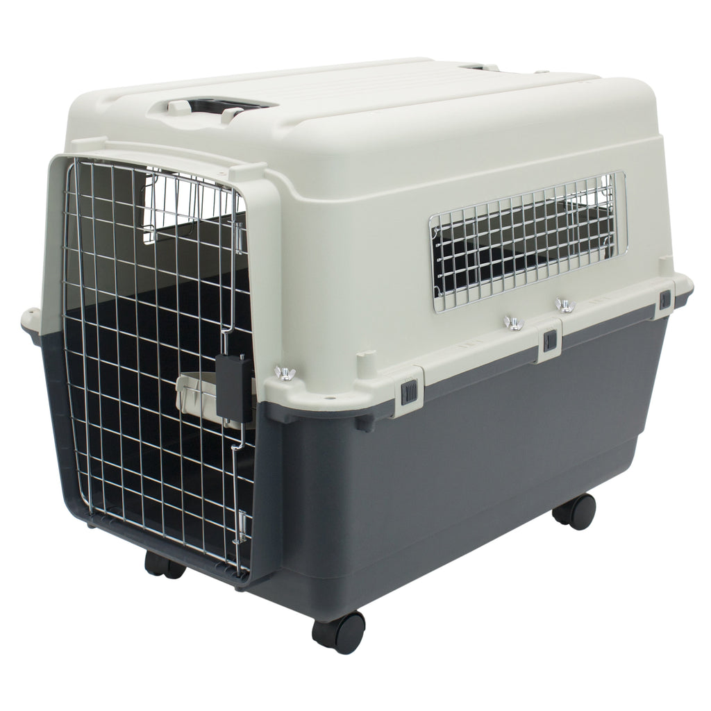 Plastic Kennel for Dogs, Wire Door, IATA Airline Approved, Travel Crate, with Wheels, Gray, Large, 32" L X 22" W X 23" H