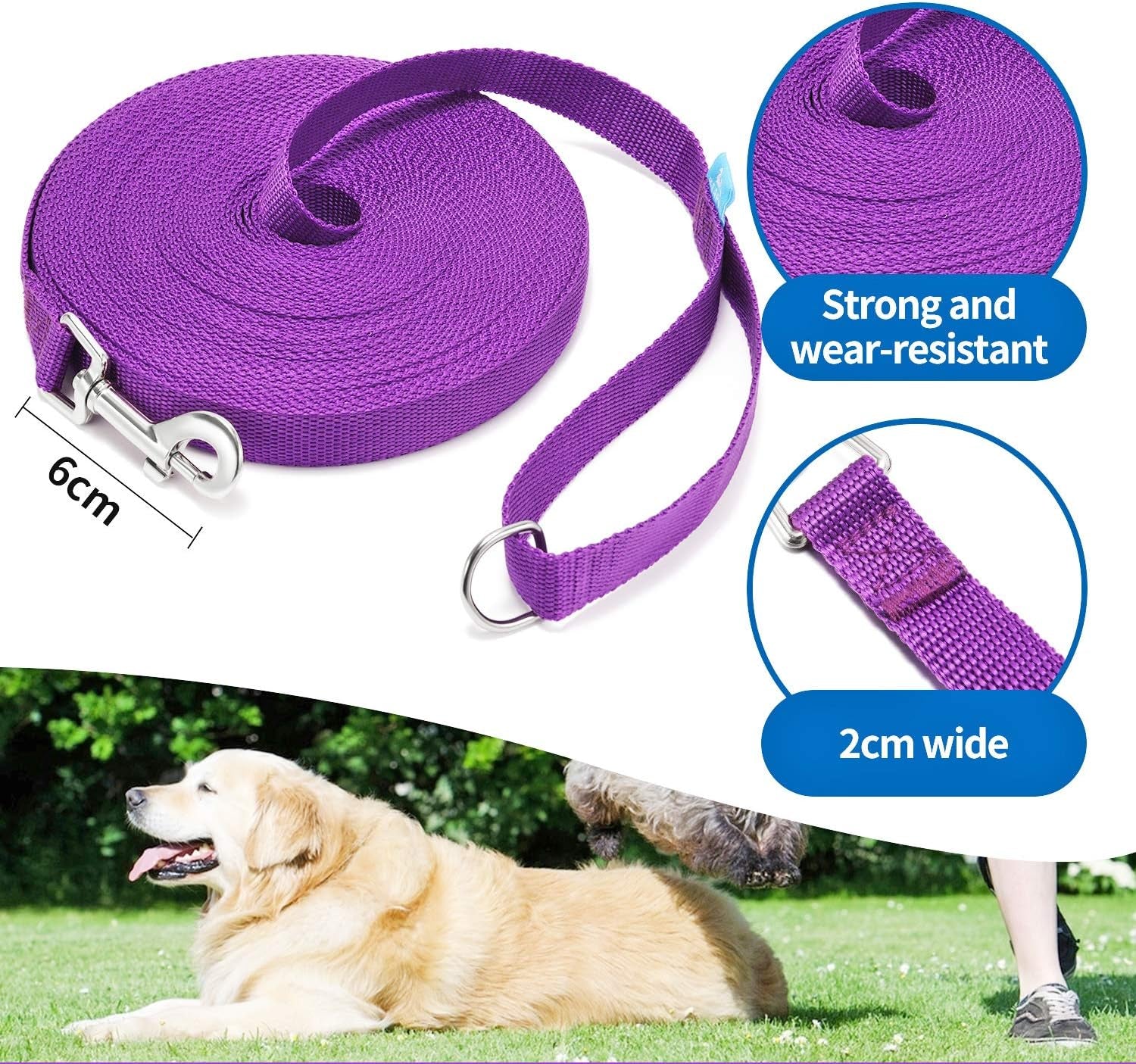 15 Ft, 20 Ft, 30 Ft, 50 Ft, 100 Ft Long Training Leash for Dog Cat Training, Play, Camping, or Backyard Lead with Free Training Clickers for Small, Medium and Large Dogs or Cats