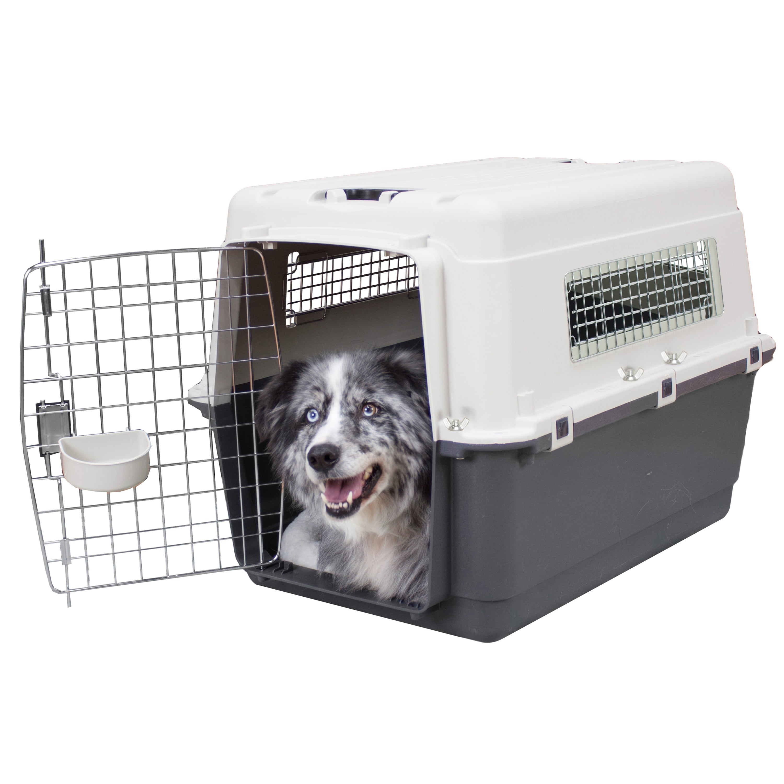 Plastic Kennel for Dogs, Wire Door, IATA Airline Approved, Travel Crate, with Wheels, Gray, Large, 32" L X 22" W X 23" H