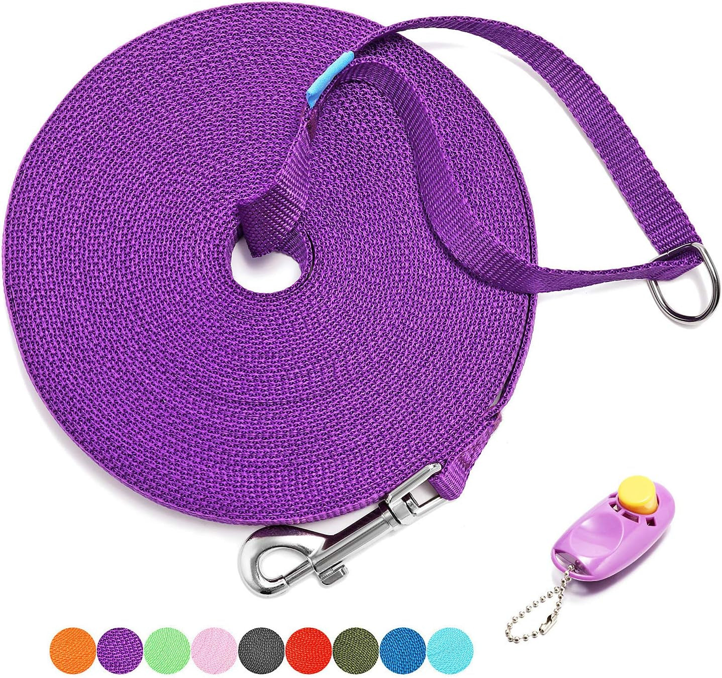 15 Ft, 20 Ft, 30 Ft, 50 Ft, 100 Ft Long Training Leash for Dog Cat Training, Play, Camping, or Backyard Lead with Free Training Clickers for Small, Medium and Large Dogs or Cats